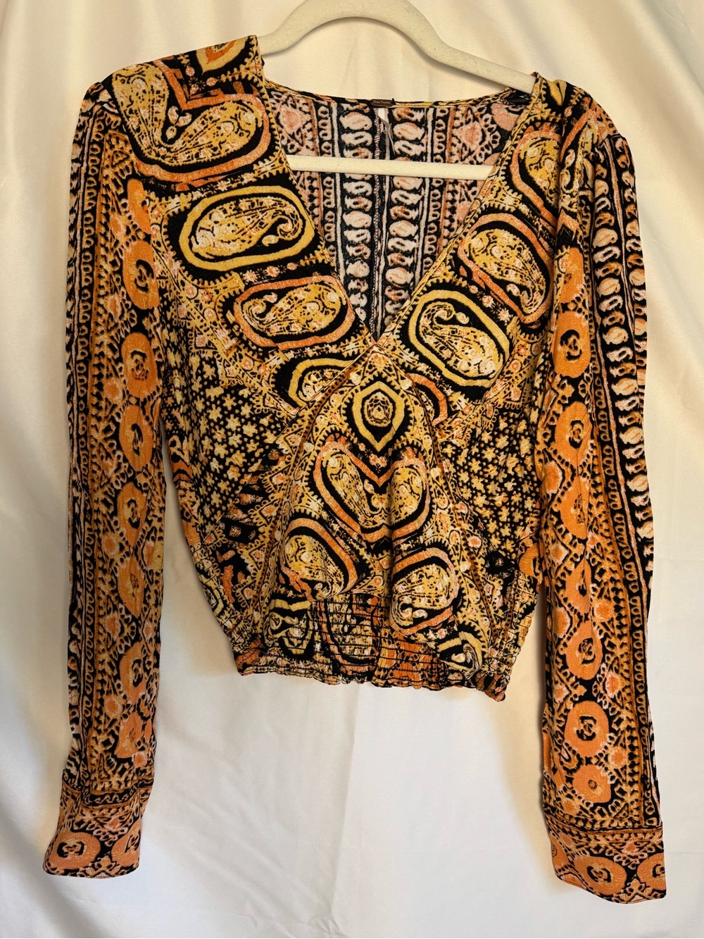 NWOT Free People Black & Orange Paisley Boho Western V-Neck Long Sleeve Crop Top